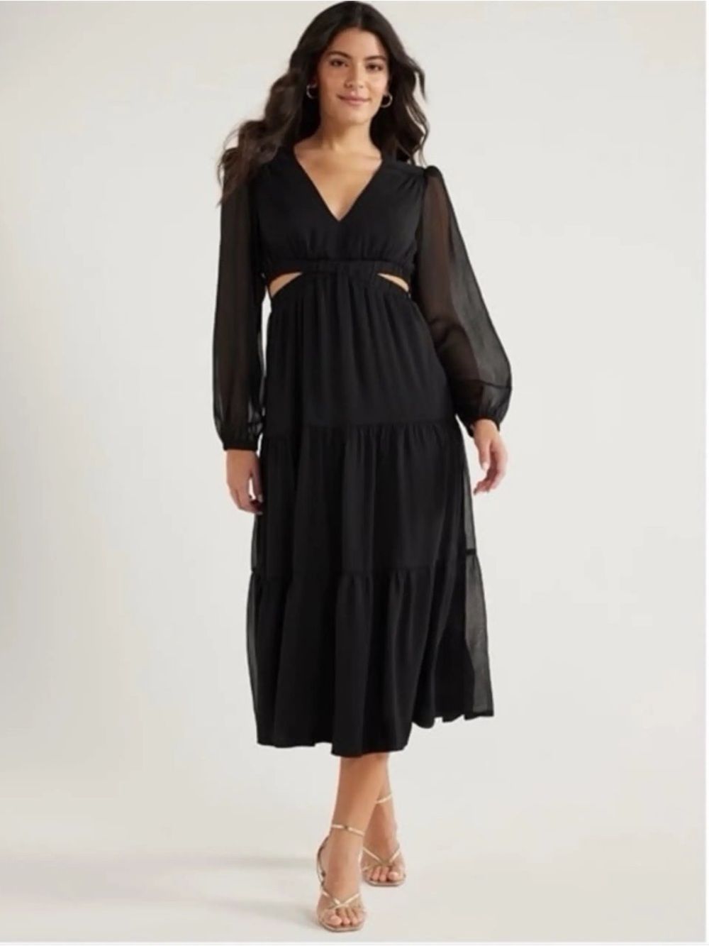 Sophia Vergara Plus Size Black V-Neck Tiered Midi Dress with Cutouts